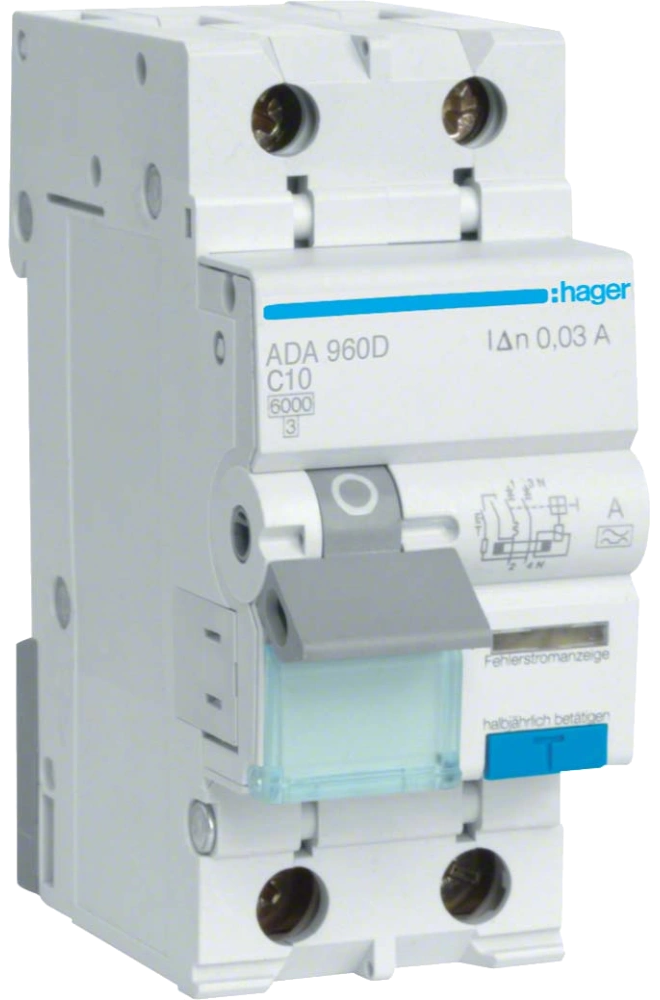 Дифференциальный выключатель Hager 1P+N 6kA C-10A 30mA A (ADA960D)