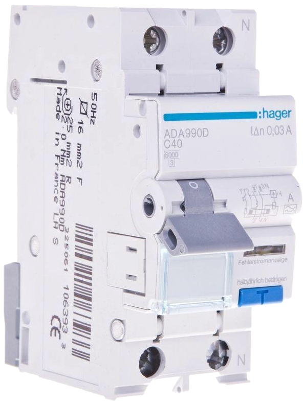 Дифференциальный выключатель Hager 1P+N 6kA C-40A 30mA A (ADA990D)