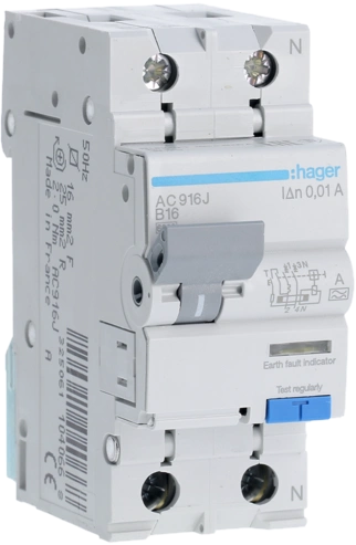 Дифференциальный выключатель Hager 1P+N 6kA B 16A 10mA A (AC916J)