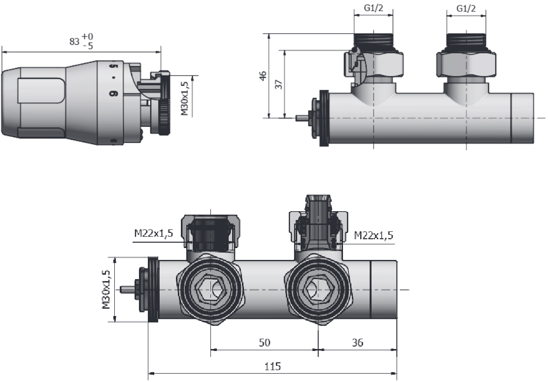 Heat Base Duo-Plex 3/4x15 мм кутовий лівий, 2 ніпеля, білий (HB02KLC-R9016) Габаритні розміри