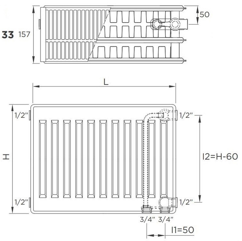 DeLonghi Plattella V6 L тип 33, 400x1000, 2285 Ват, нижнє/бокове підкл. Габаритні розміри