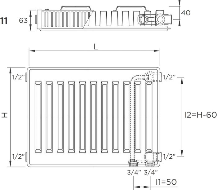 Delonghi Plattella V6 L тип 11, 400x1400, 1258 Ват Габаритні розміри