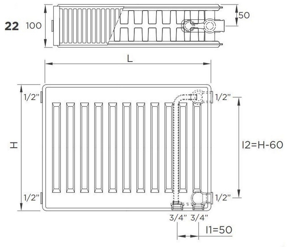 Delonghi Plattella V6 L тип 22, 500x1000, 1885 Ват Габаритні розміри