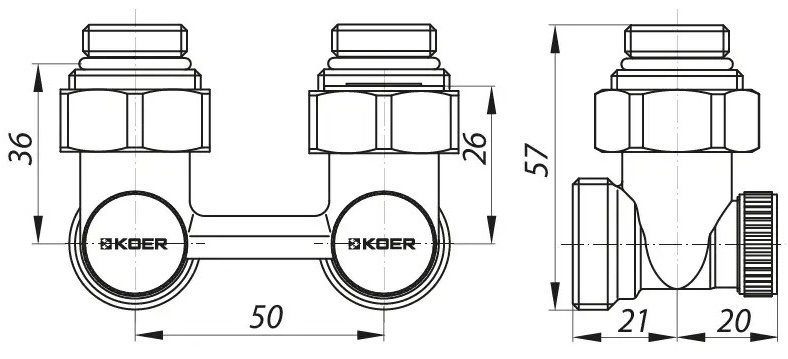 Koer KR.1132 3/4" угловой, комплект (KR2816) Габаритные размеры