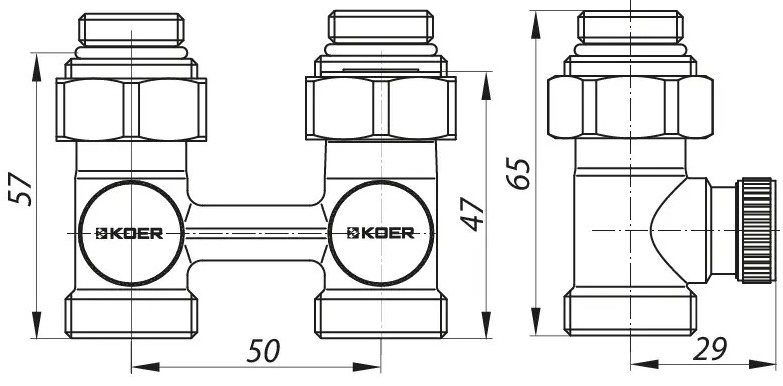 Koer KR.1131 3/4" прямой, комплект (KR2815) Габаритные размеры