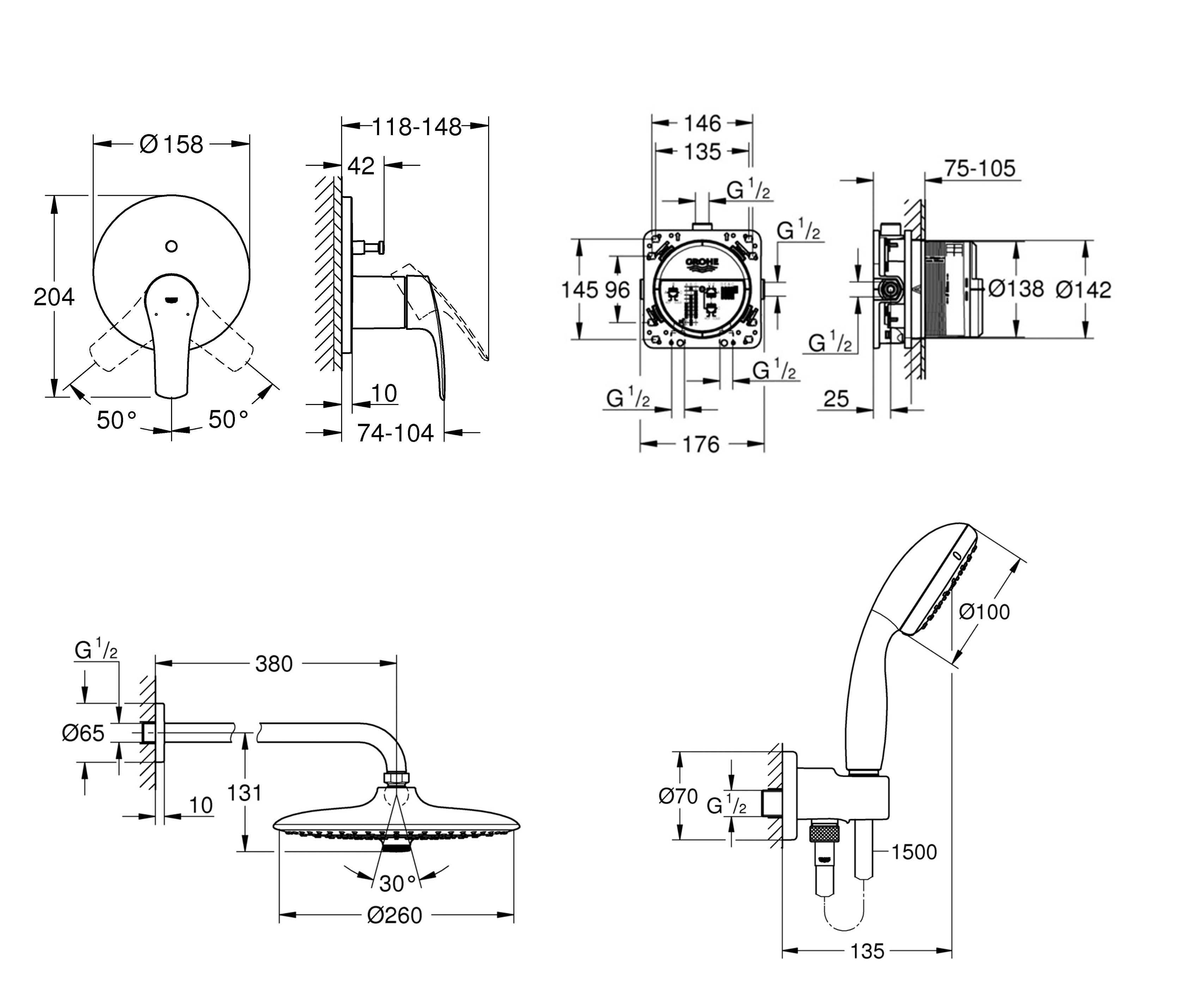 Grohe Grohtherm SmartControl (UA34614SC4) Габаритные размеры