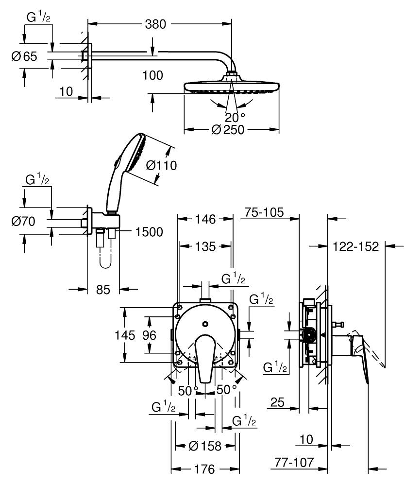 Grohe BauEdge з Tempesta 250 (25290000) Габаритні розміри