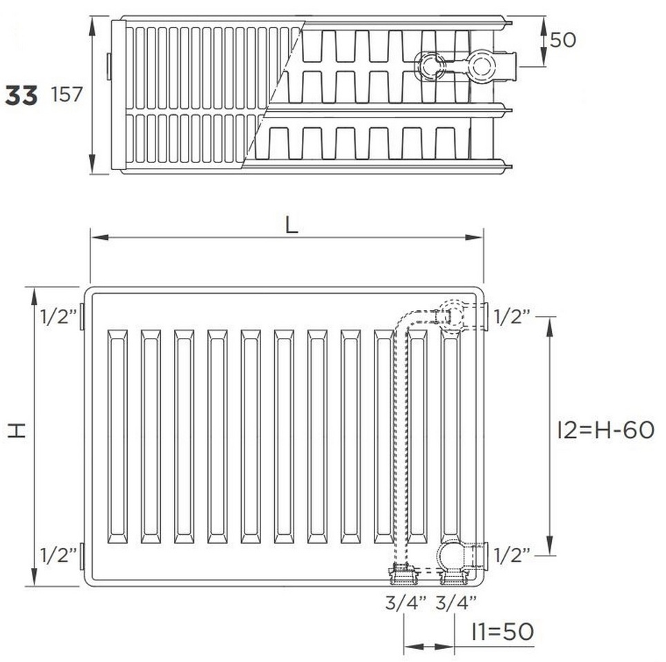 Delonghi Plattella V6 L тип 33, 900x400 мм, 1719 Ватт, нижнє/бокове підкл. Габаритні розміри