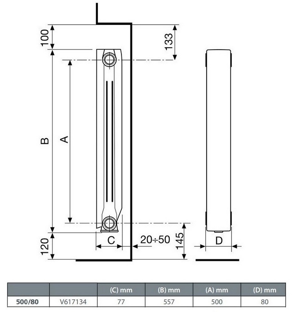 Fondital Blitz80 B2 500/80 RAL9010 (10 секцій) Габаритні розміри