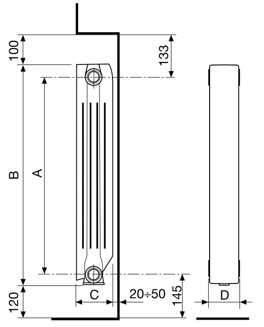 Fondital Blitz Super B4 350/100 Graphite 3R (6 секцій) Габаритні розміри