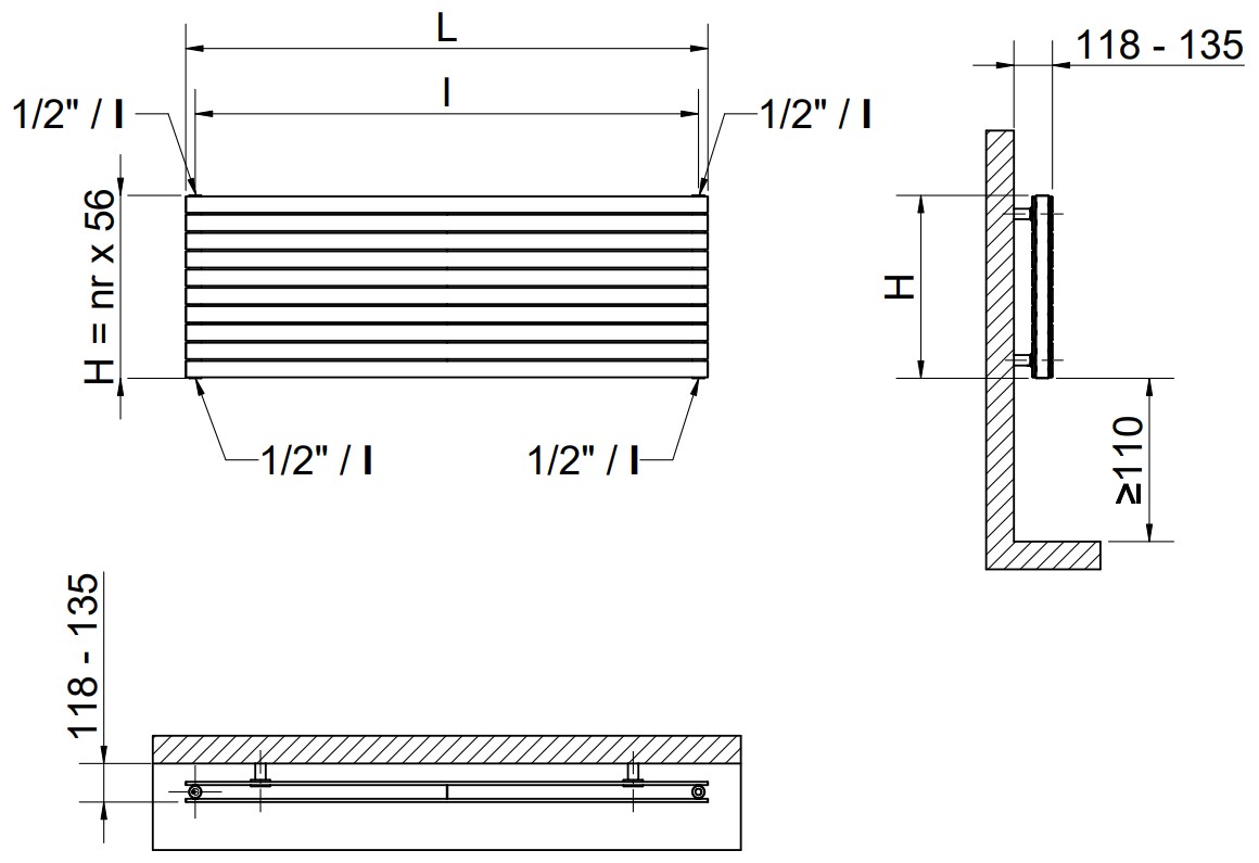 Cordivari RDT Rosy Tandem 224x1400мм, 4 секцій, S03 Pergamon Габаритні розміри