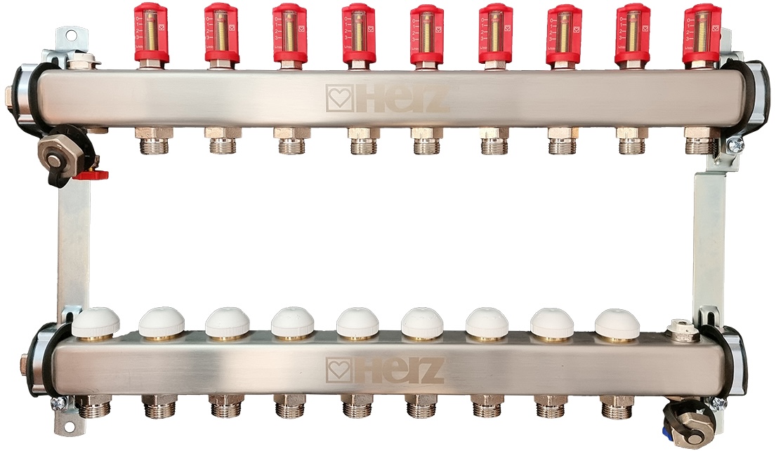 Коллектор для отопительных контуров Herz DN25 на 9 выходов с расходомерами и термостатом (1863209)