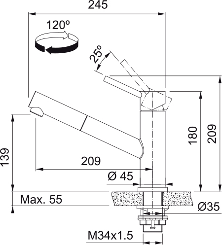 Franke Orbit Pull Out Нержавеющая сталь (115.0569.461) Габаритные размеры