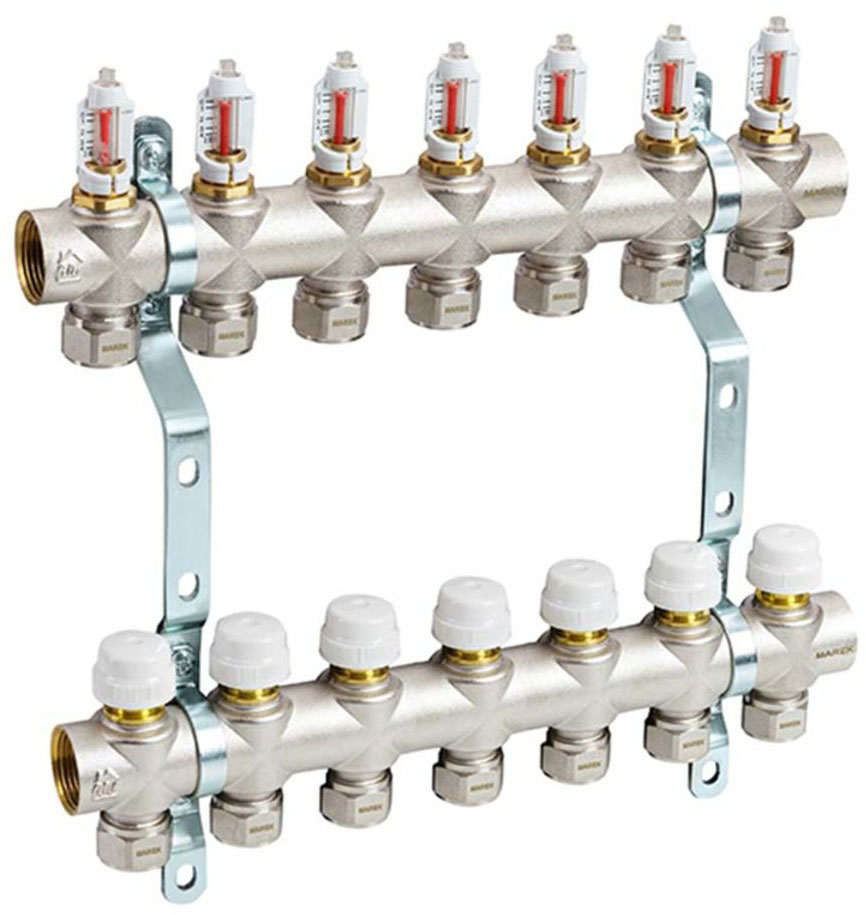 Коллектор отопления Marek 1" х 7 контура с расходомерами и евроконусами 16х2,0мм (1/4) (MF07)