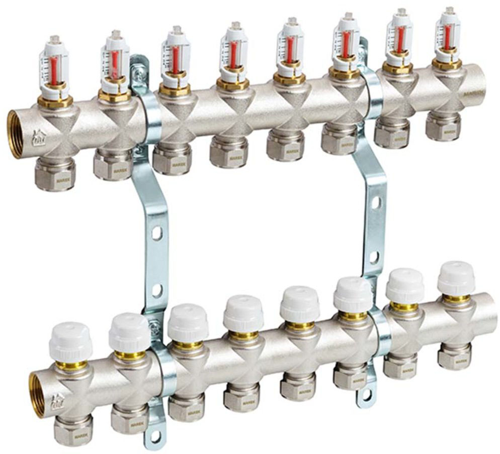 Коллектор отопления Marek 1" х 8 контура с расходомерами и евроконусами 16х2,0мм (1/4) (MF08)