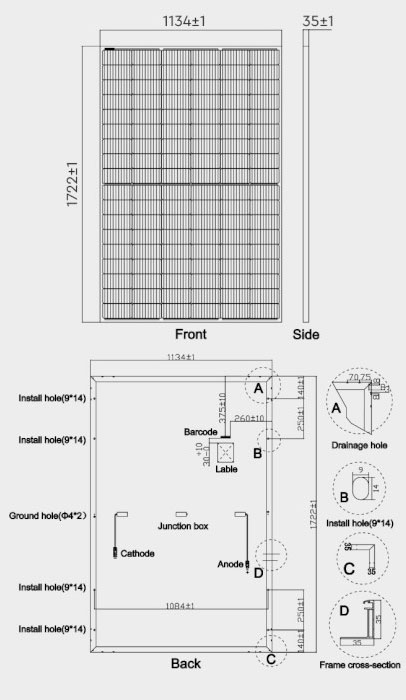 V-TAC Mono Solar AU410-27V-MH Габаритные размеры