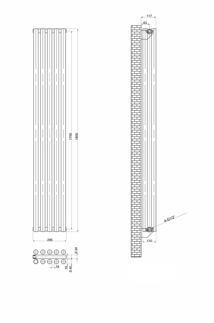 ArttiDesign Matera II 5/1800/295/50 серый матовый (MT II.5.180.29.G) Габаритные размеры