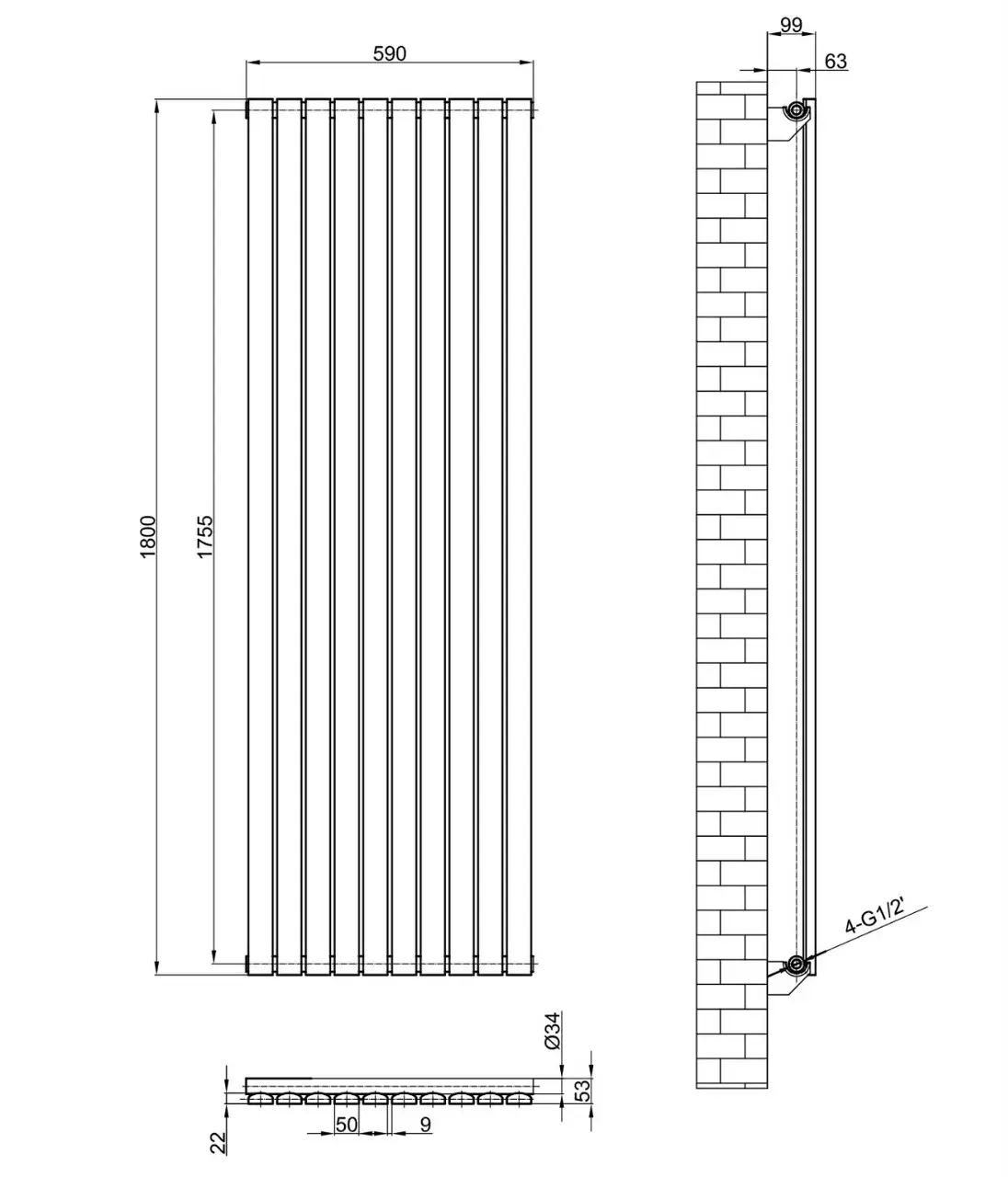 ArttiDesign Terni 10/1800/590 серый матовый (TR.10.180.59.G) Габаритные размеры