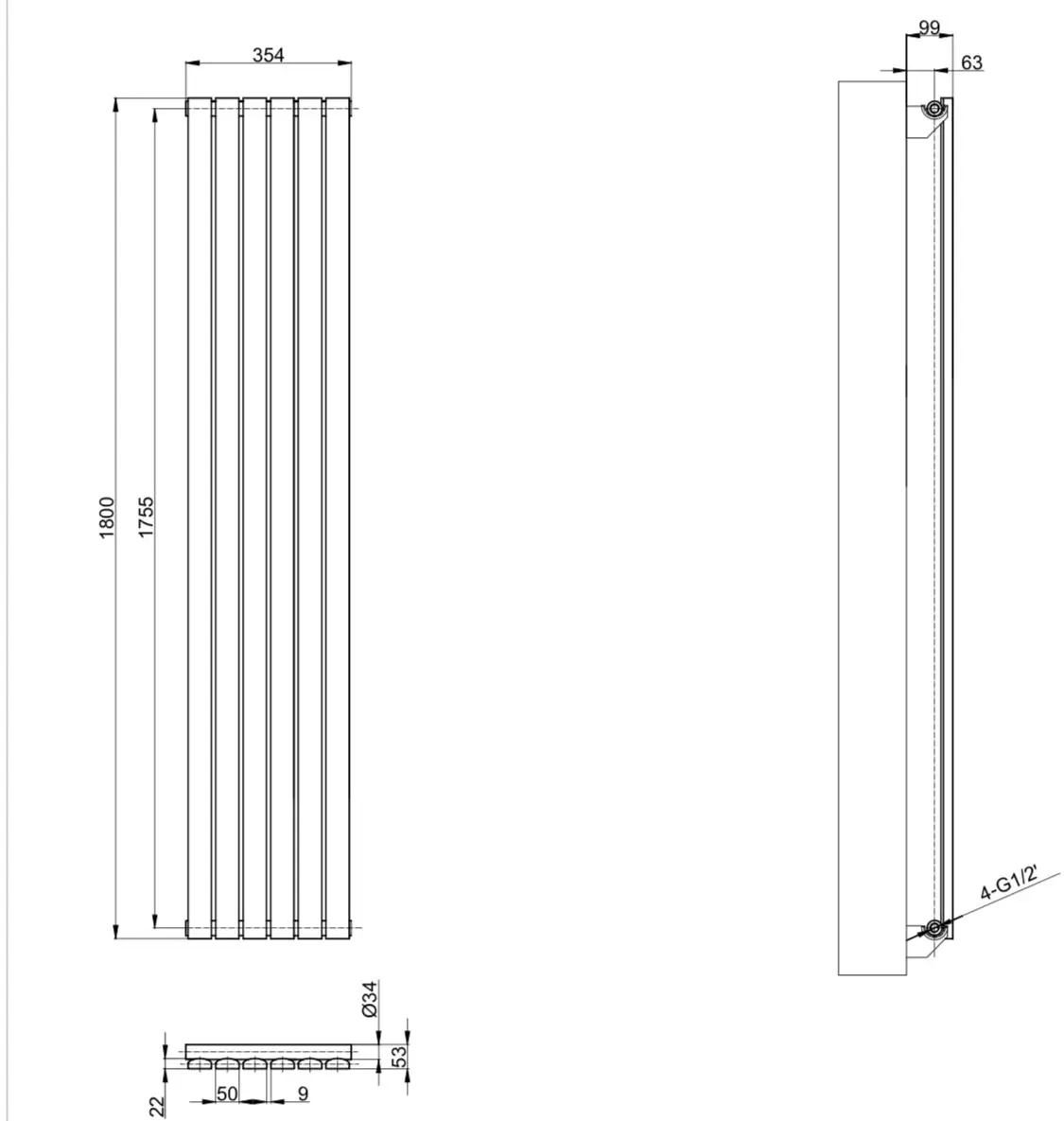 ArttiDesign Terni 6/1800/354 білий матовий (TR.6.180.35.W) Габаритні розміри