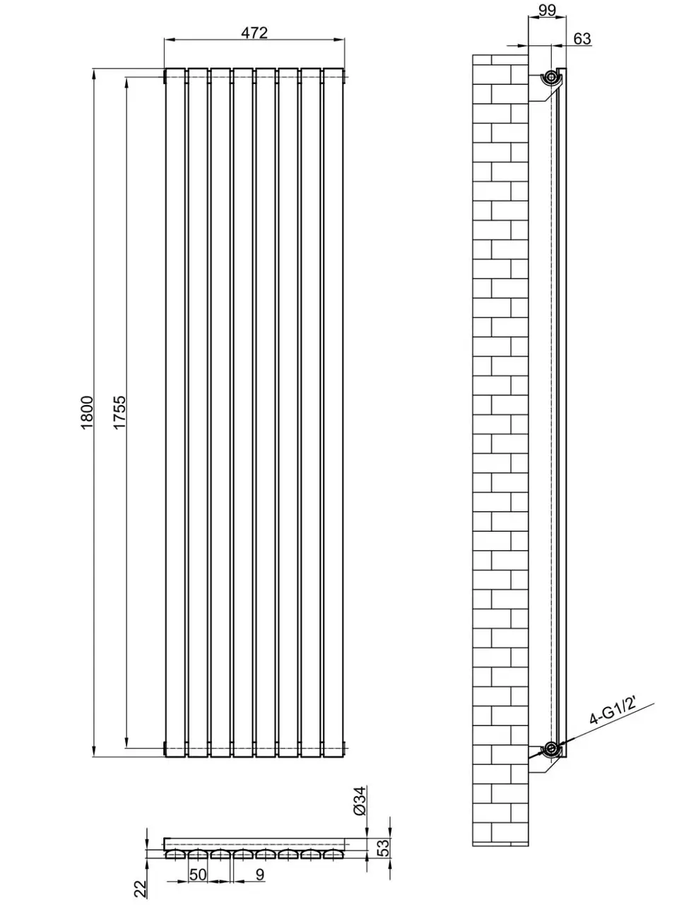 ArttiDesign Terni 8/1800/472 білий матовий (TR.8.180.47,W) Габаритні розміри