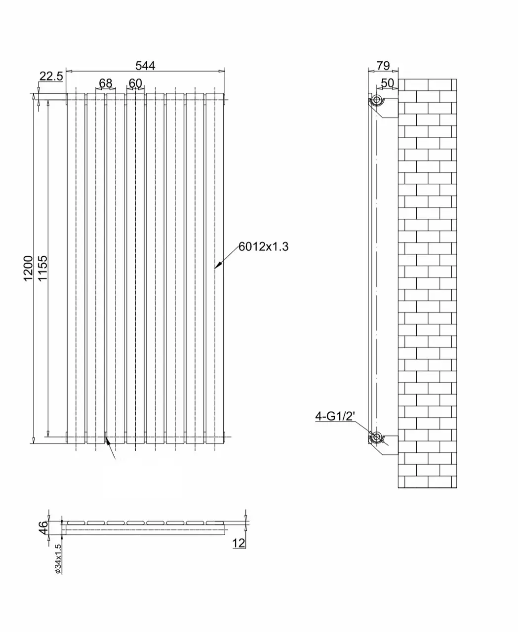 ArttiDesign Livorno 8/1200/544 черный матовый (LV.8.120.54.B) Габаритные размеры