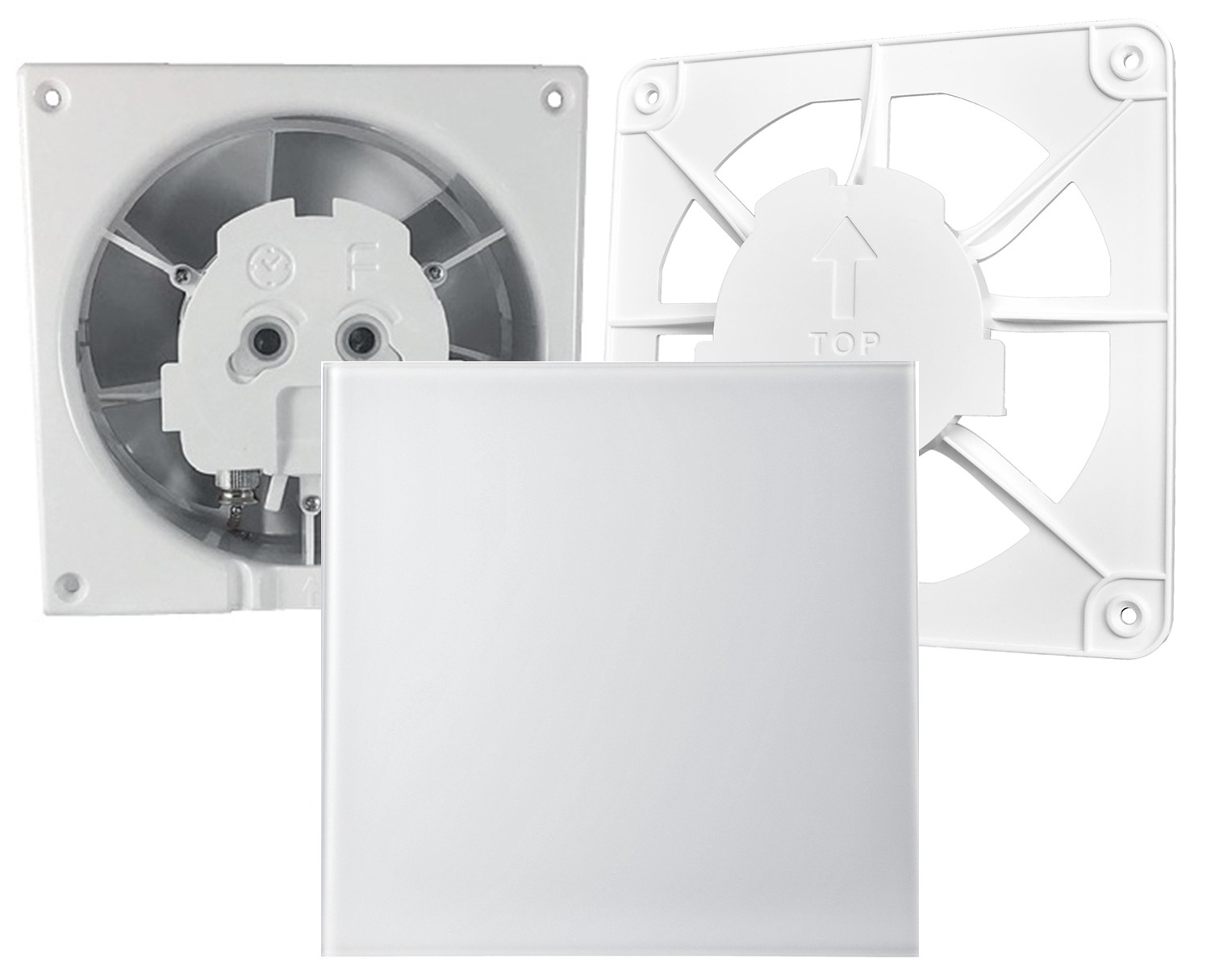 Витяжний вентилятор AirRoxy dRim 100 DTS BB (01-063) + 100/125 Grill (02-300) + dRim Glass білий глянець (01-170)