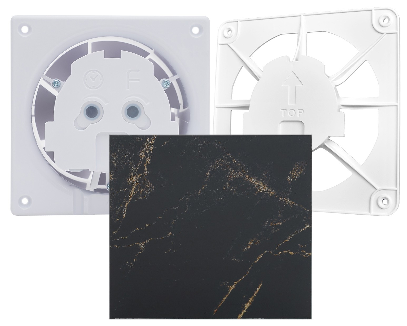 Вытяжной вентилятор AirRoxy dRim 125 S BB (01-066) + 100/125 Grill (02-300) + dRim Glass черно-золотистый мрамор (01-186)