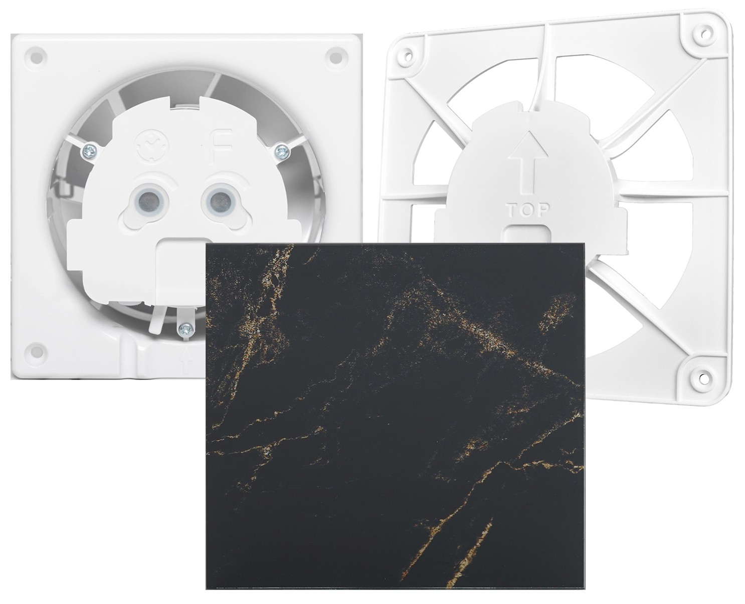 Вытяжной вентилятор AirRoxy dRim 125 HS BB (01-070) + 100/125 Grill (02-300) + dRim Glass черно-золотистый мрамор (01-186)