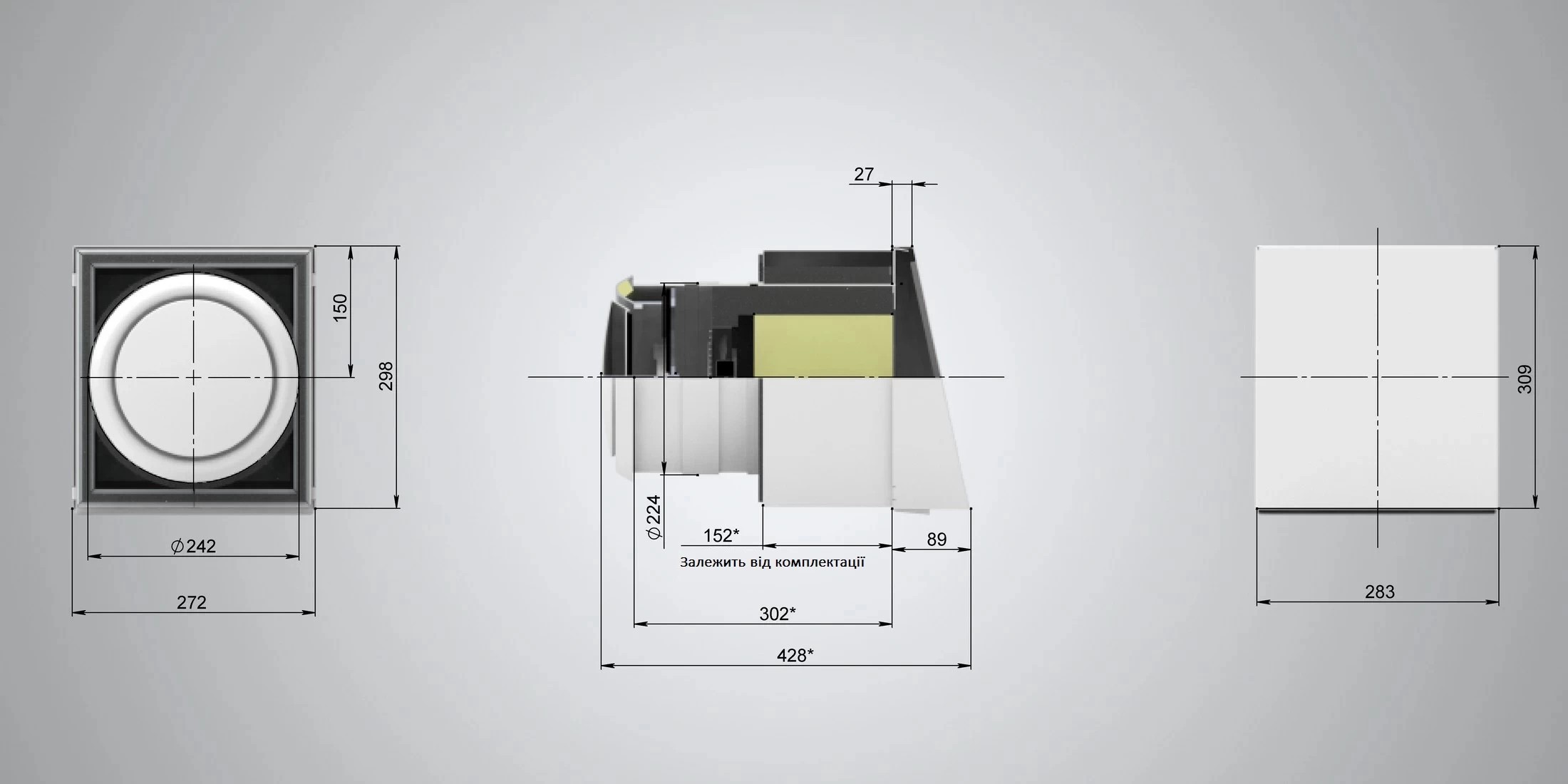 Ventoxx Comfort Slim Line 804-VSL-F18 (для тонких стін від 150 мм) Габаритні розміри