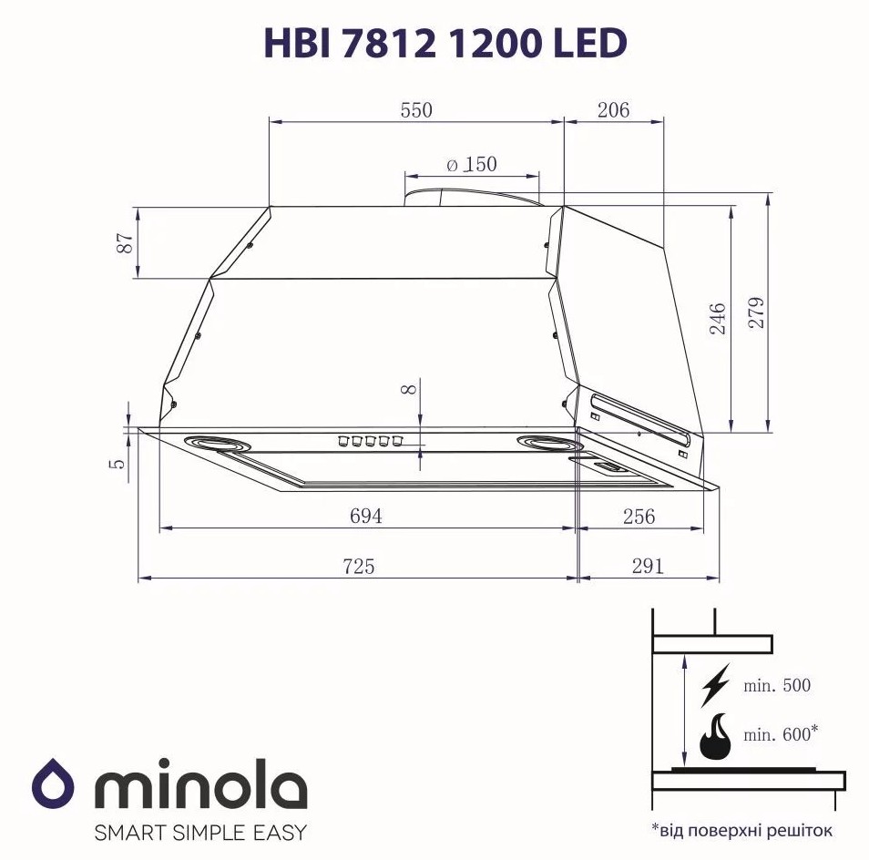 Minola HBI 7812 WH 1200 LED Габаритні розміри