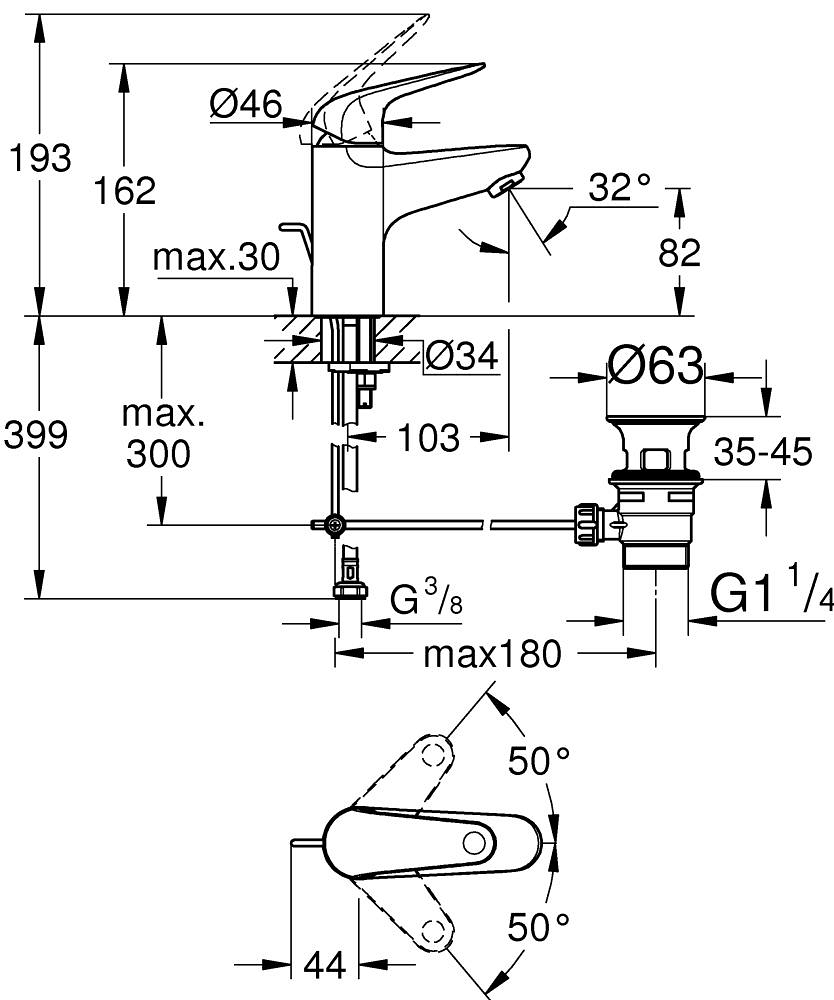 Grohe QuickFix Swift S-Size 24316001 Габаритні розміри