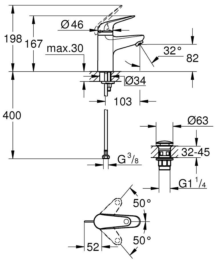 Grohe QuickFix Swift S-Size 24319001 Габаритные размеры