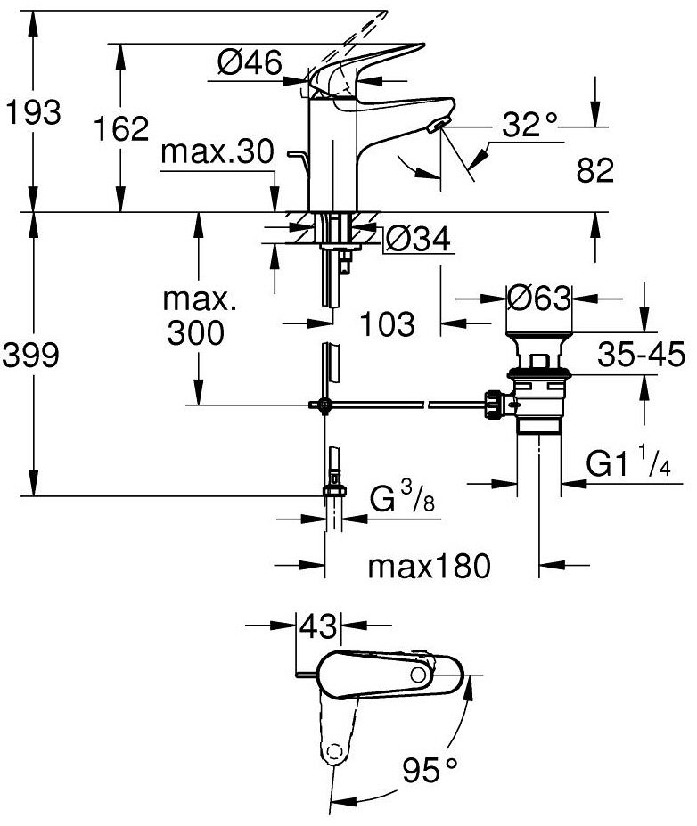 Grohe QuickFix Swift S-Size 24322001 Габаритные размеры