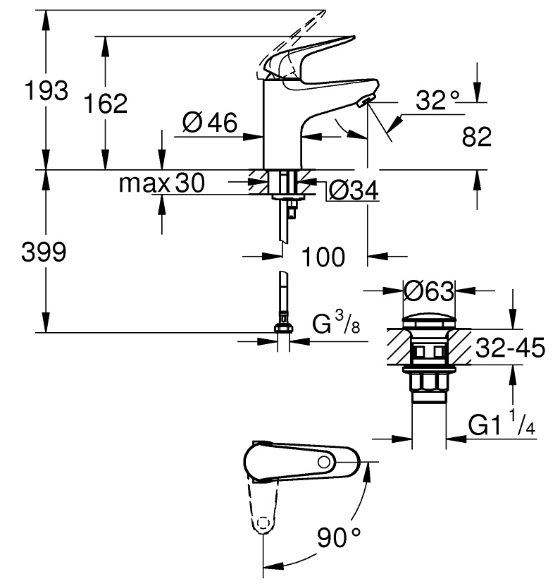 Grohe QuickFix Swift S-Size 24323001 Габаритные размеры