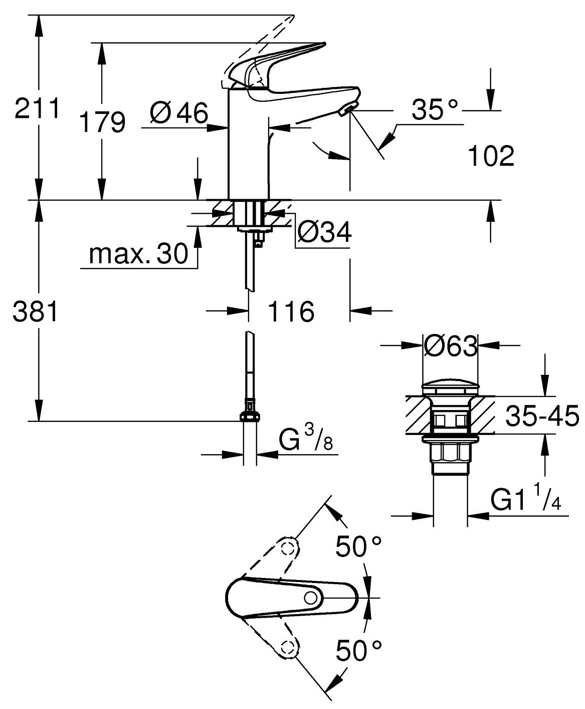 Grohe QuickFix Swift M-Size 24326001 Габаритные размеры