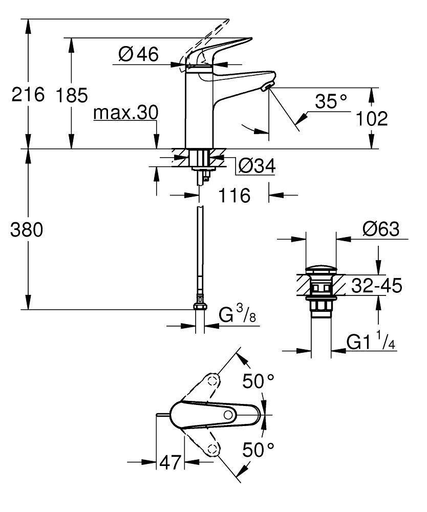 Grohe QuickFix Swift M-Size 24327001 Габаритные размеры