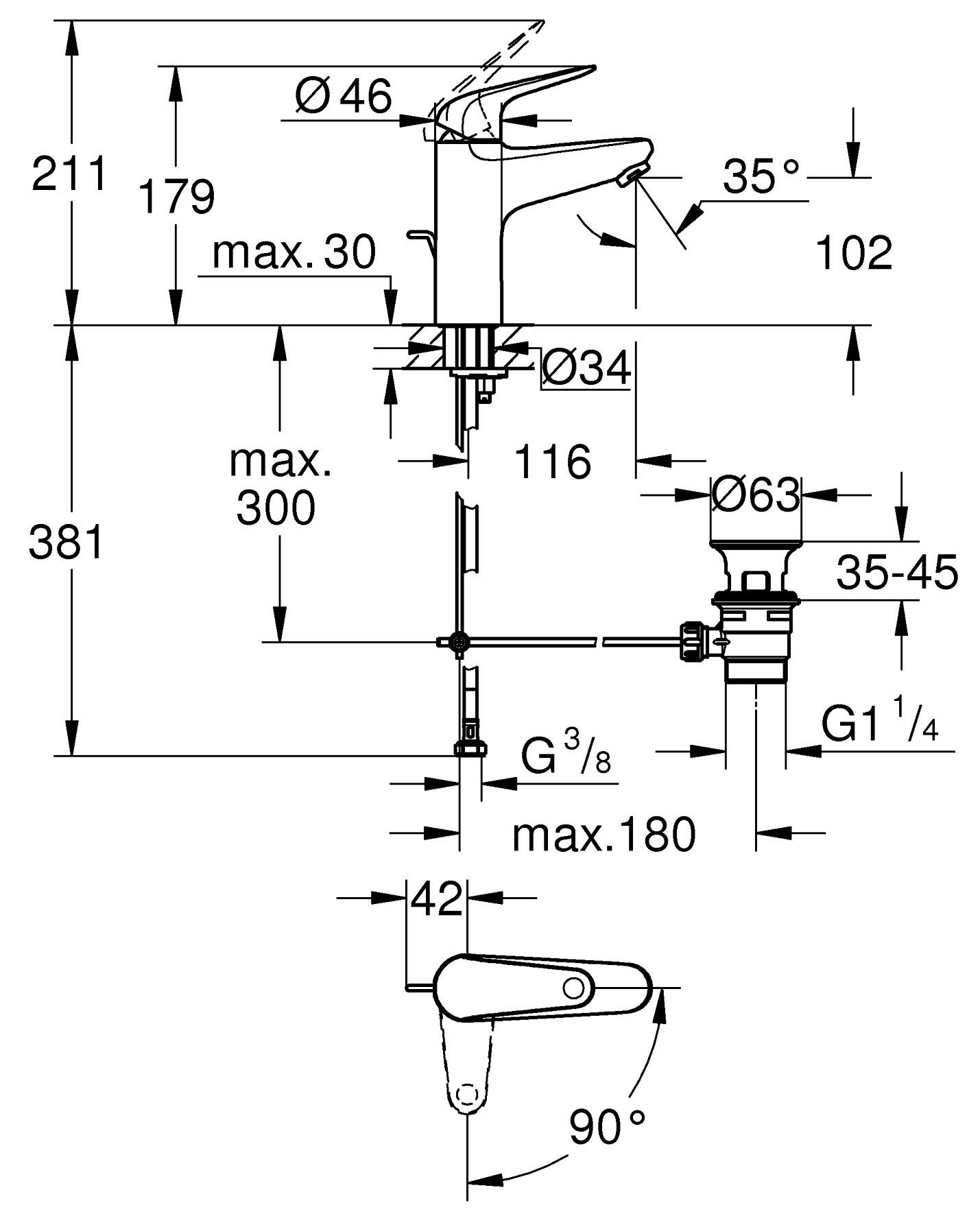 Grohe QuickFix Swift M-Size 24328001 Габаритные размеры