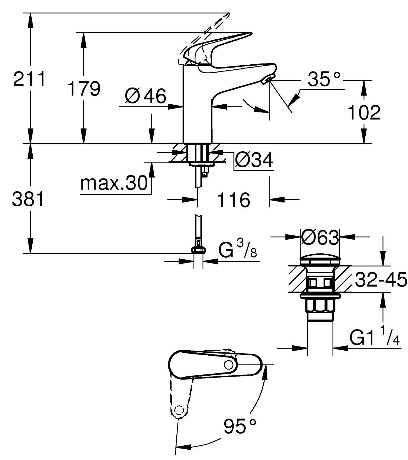 Grohe QuickFix Swift M-Size 24329001 Габаритные размеры