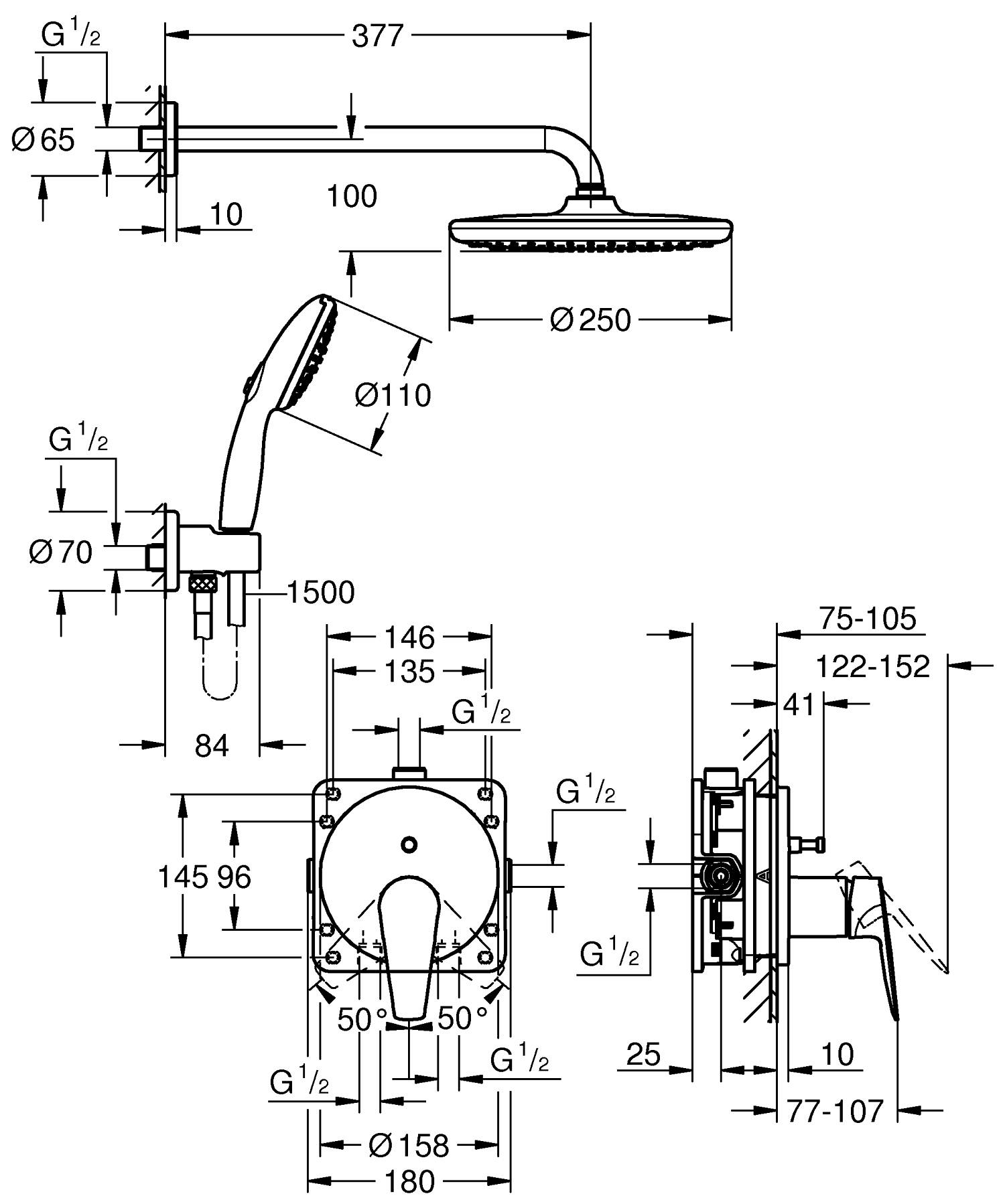 Grohe QuickFix Start Edge 25293000 Габаритні розміри