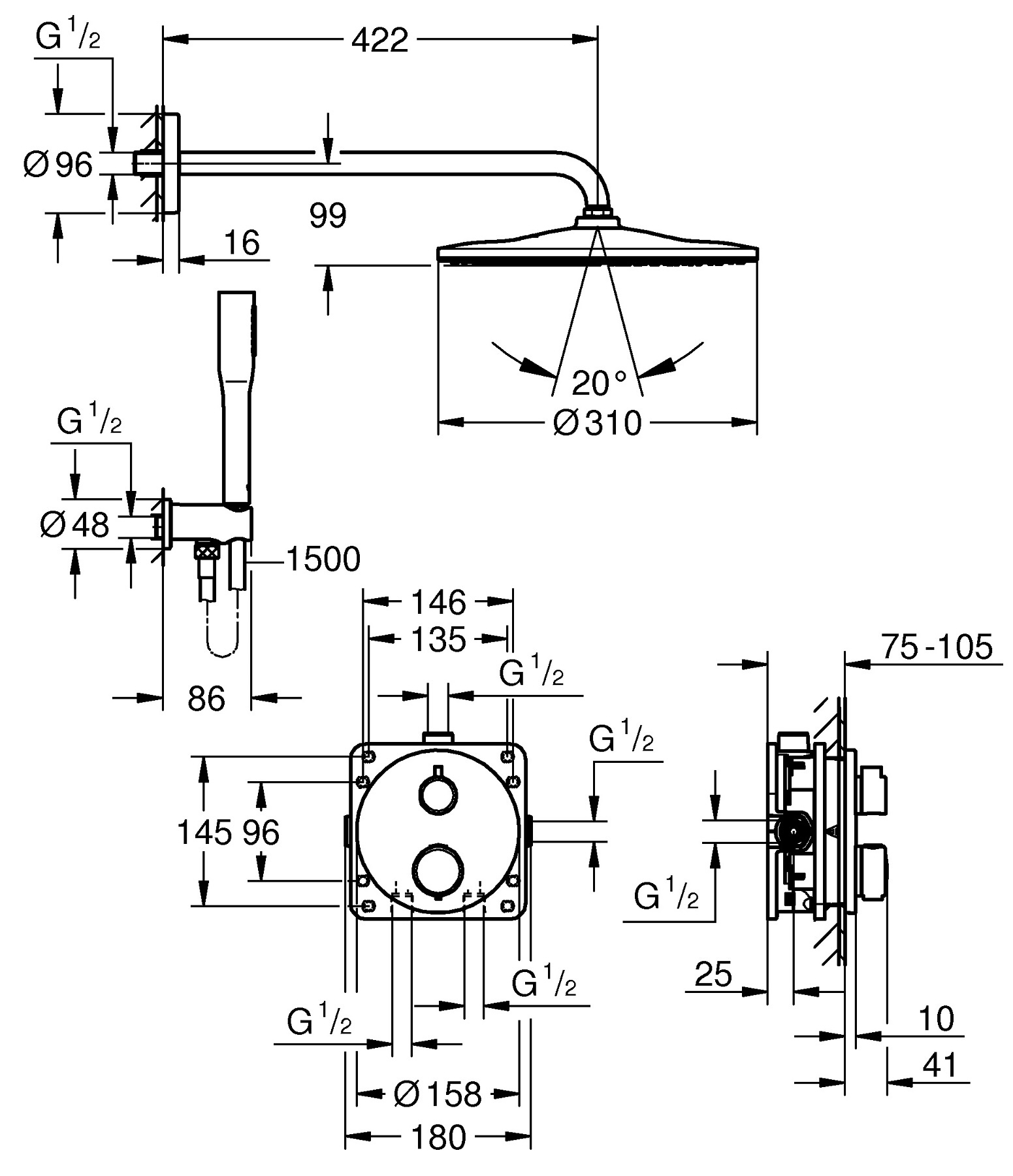 Grohe QuickFix Precision 34880000 Габаритные размеры