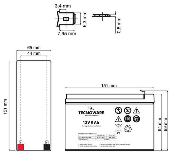 Tecnoware 12V 9Ah (EACPE12V09ATWP) Габаритні розміри