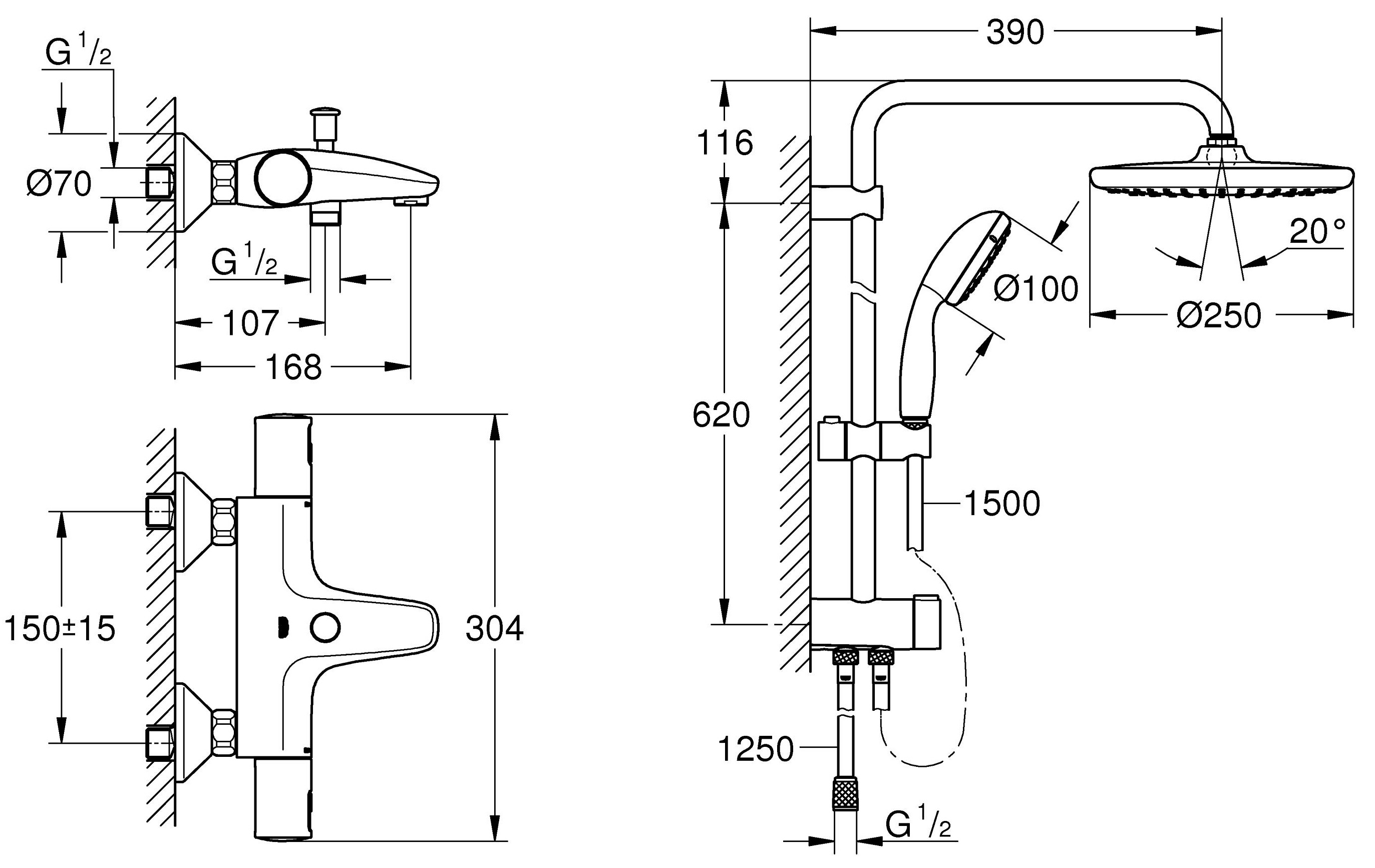 Grohe QuickFix Vitalio Start System 250&Precision Start UA303904TR Габаритные размеры