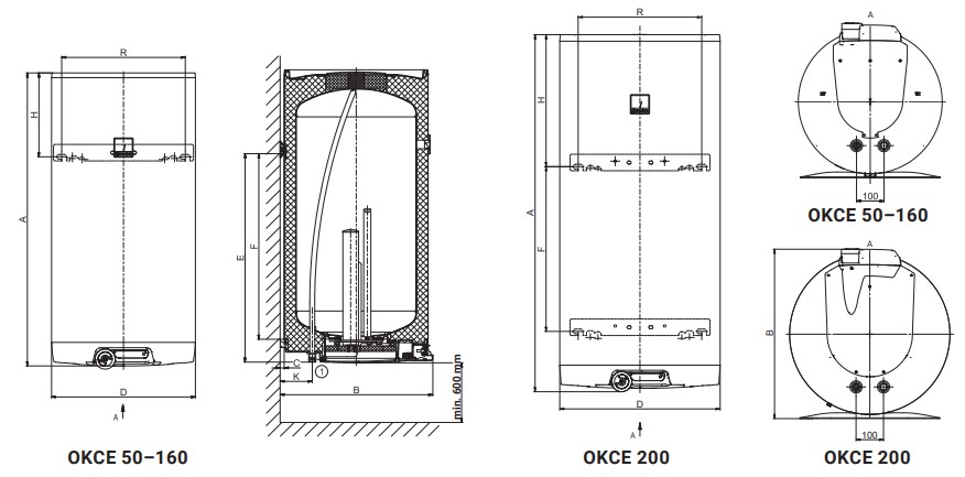 Drazice OKCE 80 с циркуляцией 2,2 кВт (1101108104) Габаритные размеры