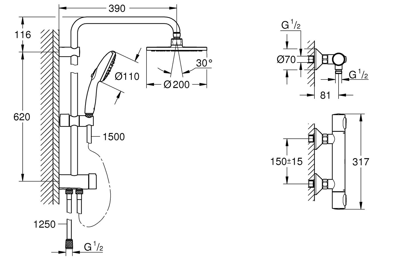 Grohe QuickFix Precision Flow UA202908TR Габаритные размеры