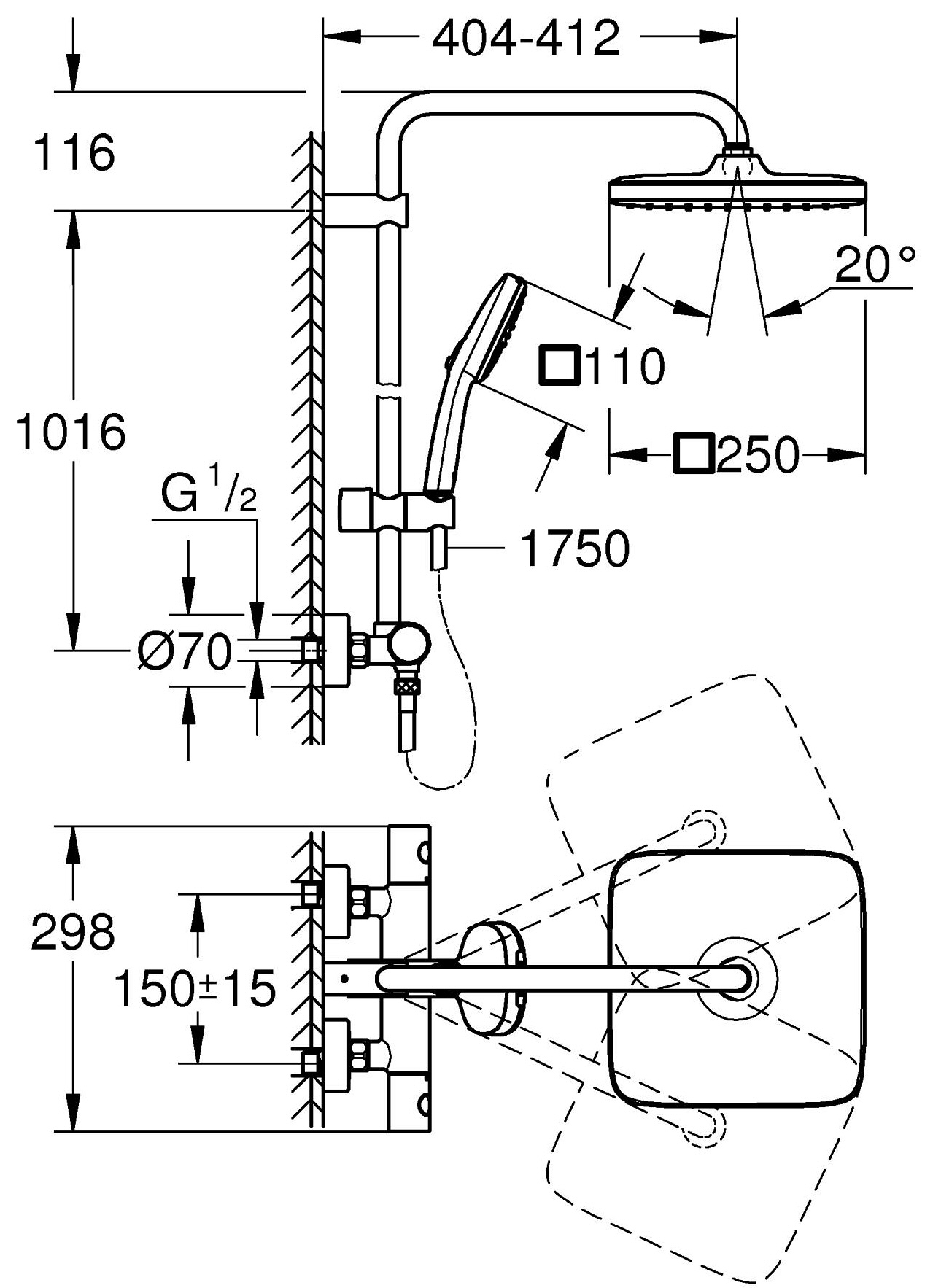 Grohe Tempesta System 250 Cube 26689001 Габаритні розміри