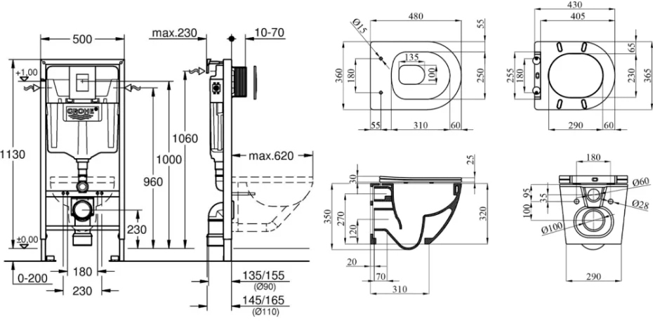 Grohe Rapid SL 3 в 1 38772001+Kroner Harz WHI483632 TORNADO з сидінням Slim Duroplast / Soft-close / Quick relase KH483632WHIT (38772001KH483632) Габаритні розміри