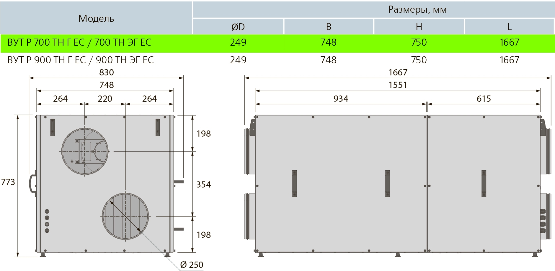 Вентс ВУТР 700 ТН Г ЕС А17 Габаритные размеры