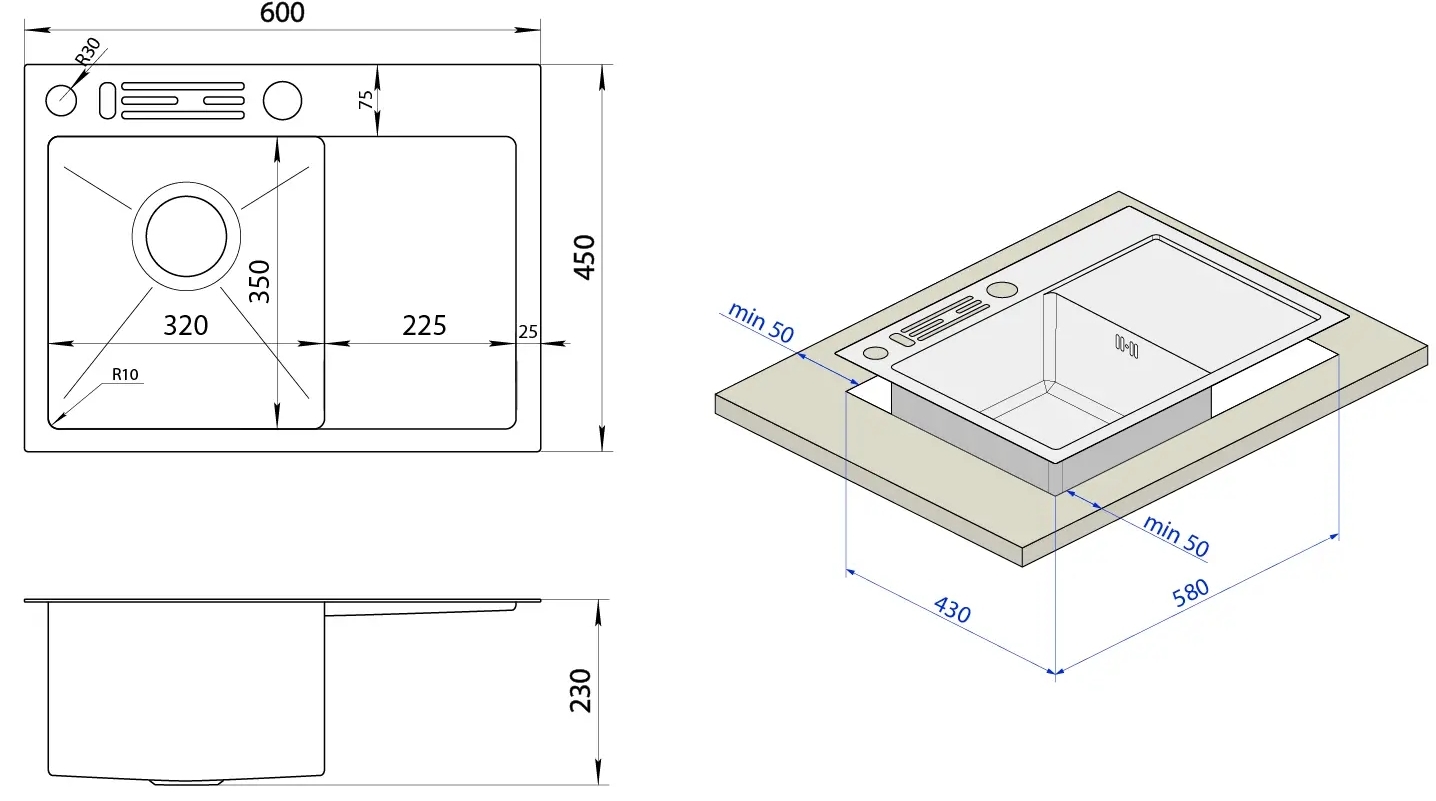 Nett NB-6045(R) с нержавейки 1.5 мм Габаритные размеры