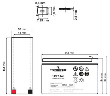 Tecnoware 12V 7.2Ah (EACPE12V7A2TWP) Габаритные размеры