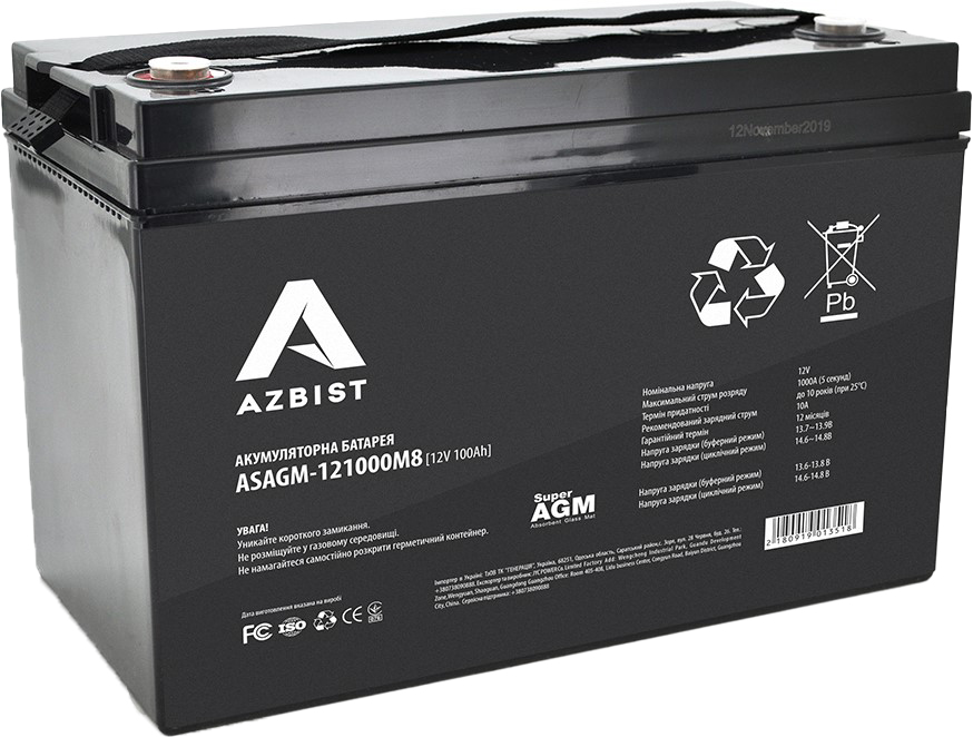 Аккумулятор Azbist ASAGM-121000M8, 12V 100Ah Black